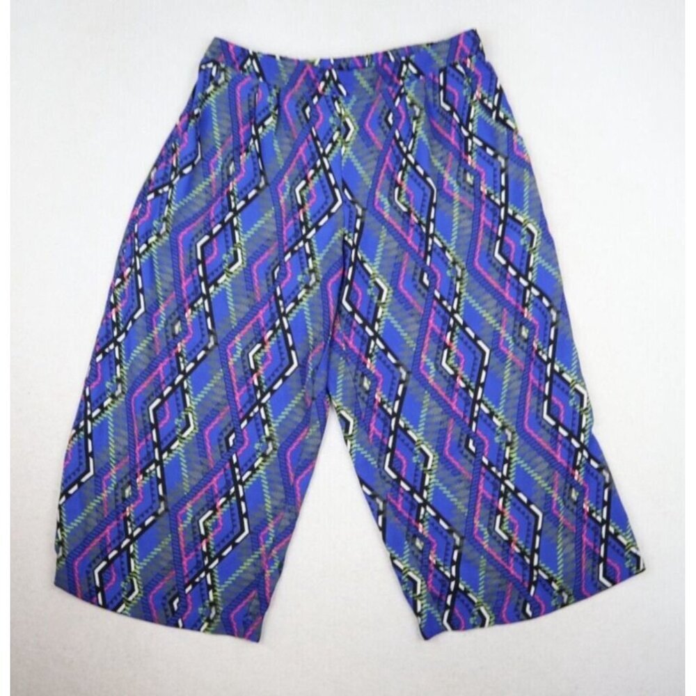 CATO WOMEN'S BLUE GEOMETRIC PRINT SILKY TEXTURED WIDE LEG CAPRI CROPPED PANTS S